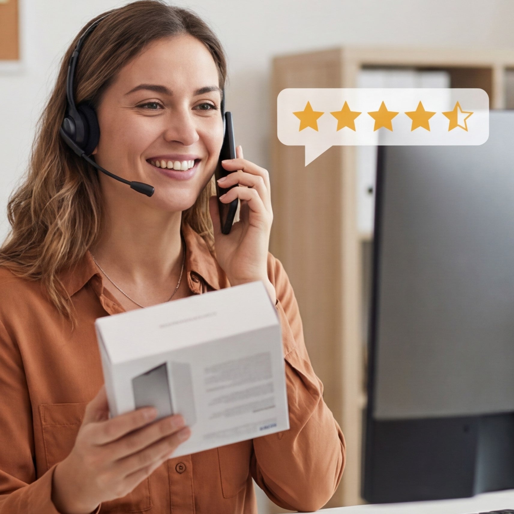 A smiling Warpix customer service representative wearing a black headset with a microphone, holding a white technology product box, and talking on a phone. A speech bubble with a 4.5-star rating appears next to her head, symbolizing excellent customer support and positive product reviews for Warpix's online distributed tech products.