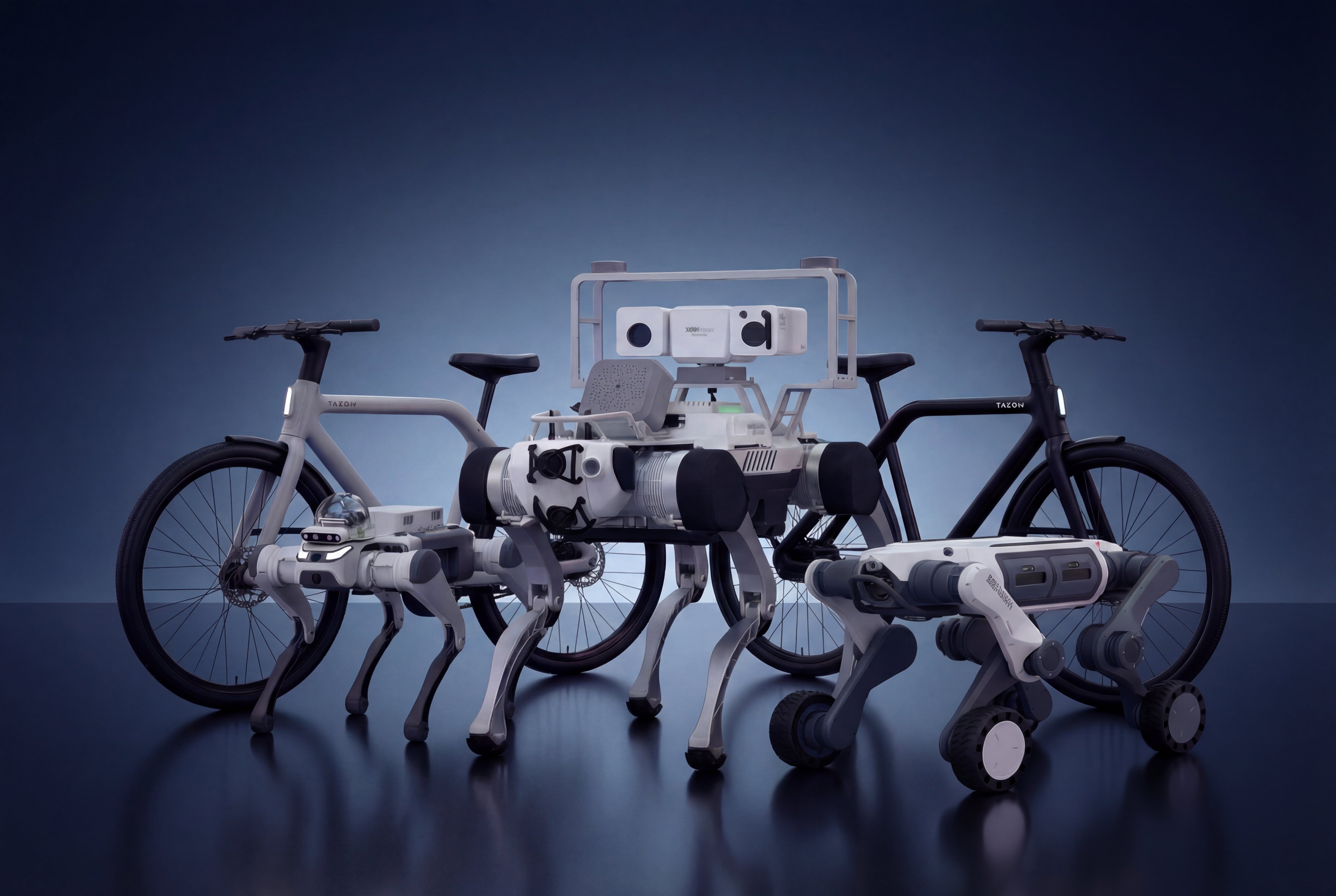 A collection of Warpix new products featuring three DEEP Robotics robots and two TASOW electric bikes. The central robot is a DEEP Robotics Lynx M20 wheeled-legged robot with a sensor payload, flanked by a DEEP Robotics Lite3 research quadruped robot and a DEEP Robotics X30 industrial inspection robot. Two sleek TASOW 2049 electric bikes, one light grey and one black, stand behind the robots, showcasing advanced urban commuting technology with features like fast charging and smart navigation.