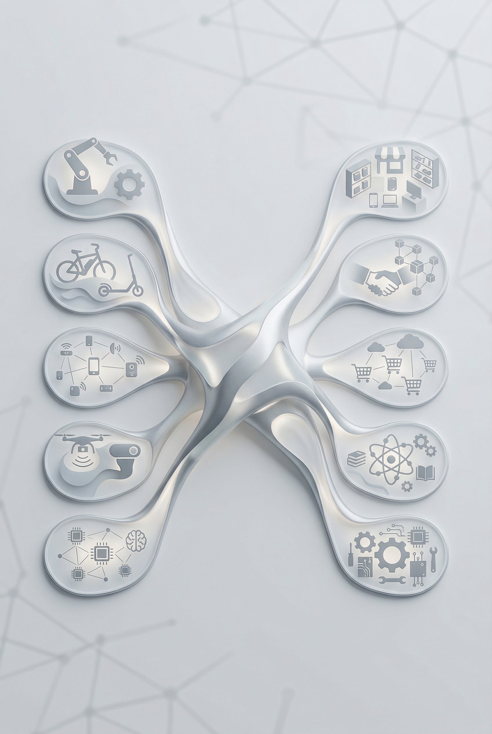 Warpix digital transformation ecosystem illustration for partnerships, showcasing interconnected technologies like industrial automation, micromobility, IoT, AI, drones, e-commerce, blockchain supply chain, cloud logistics, R&D, and engineering services. This visual represents comprehensive technology integration and collaborative solutions for suppliers and distributors.