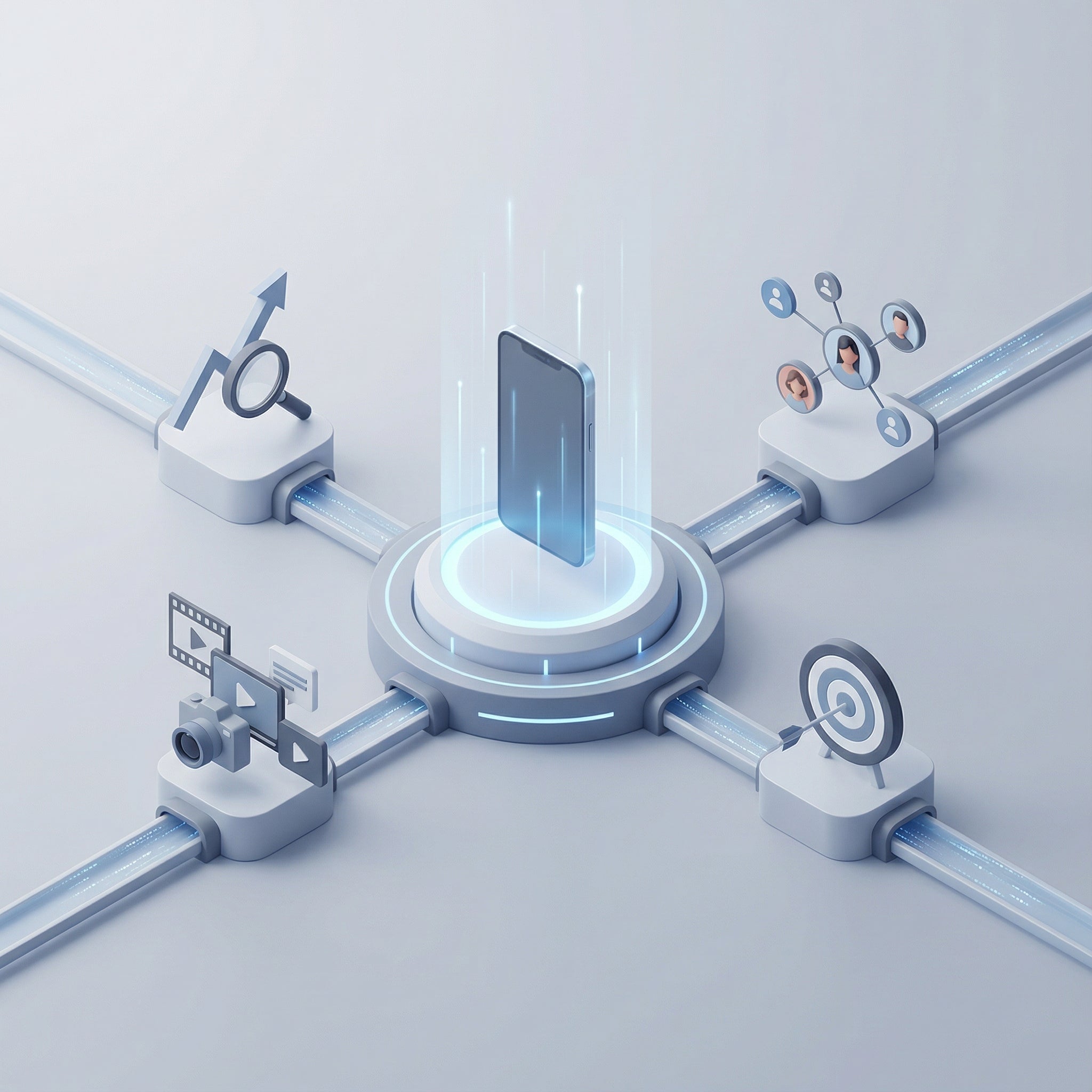 An isometric illustration showing a central smartphone acting as a hub, connected by glowing data lines to four distinct conceptual elements. This image, from Warpix's partnership page, represents a comprehensive digital strategy for optimizing supplier and distributor networks and fostering business growth. 