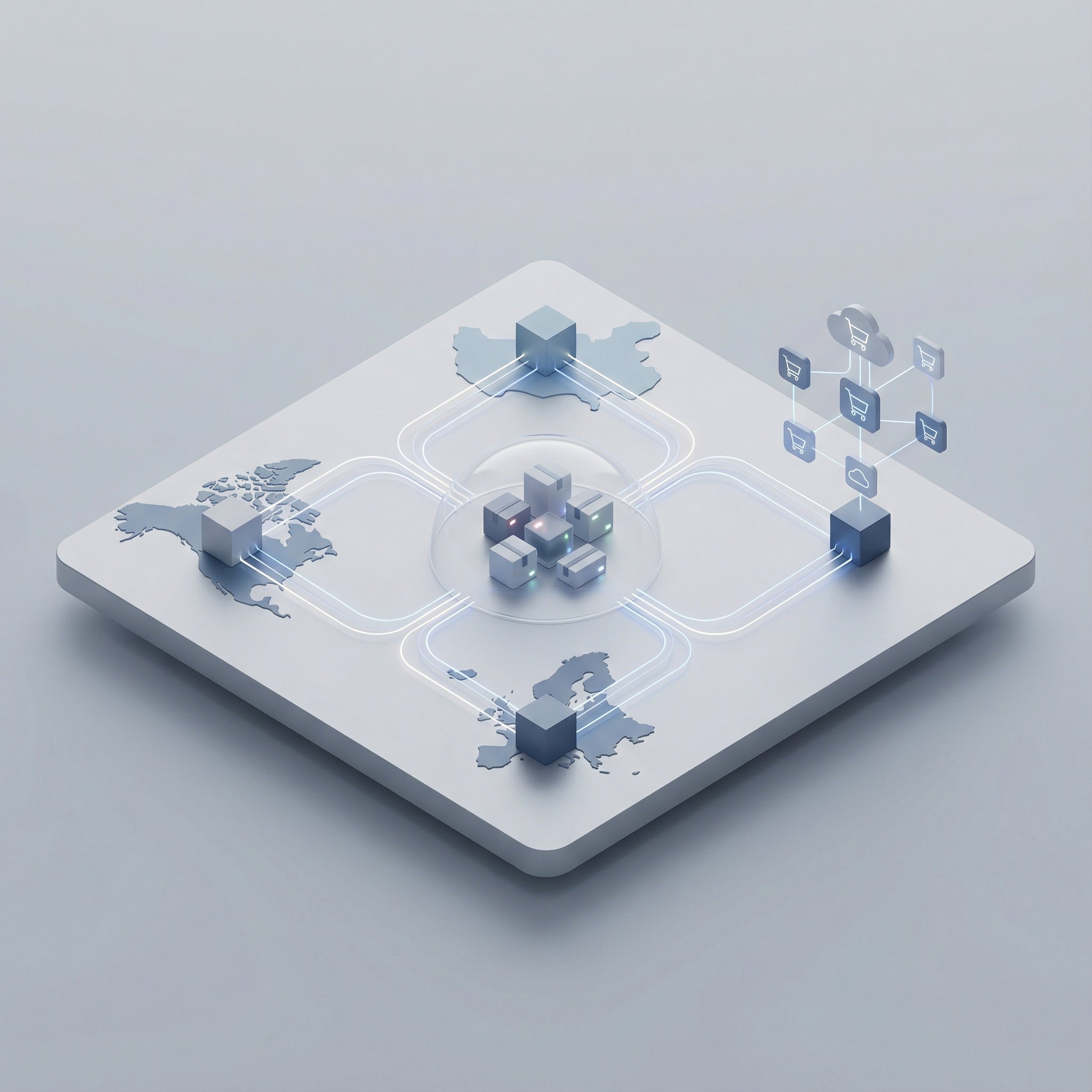 An isometric illustration on the warpix partnership page depicting a global supply chain and e-commerce cloud network. The image features outlines of continents (North America, Europe, Asia) with data center cubes, connected by glowing lines to a central hub of packages. On the right, a cloud computing infrastructure with shopping cart icons represents online marketplaces and digital logistics for seamless data exchange between suppliers and distributors.