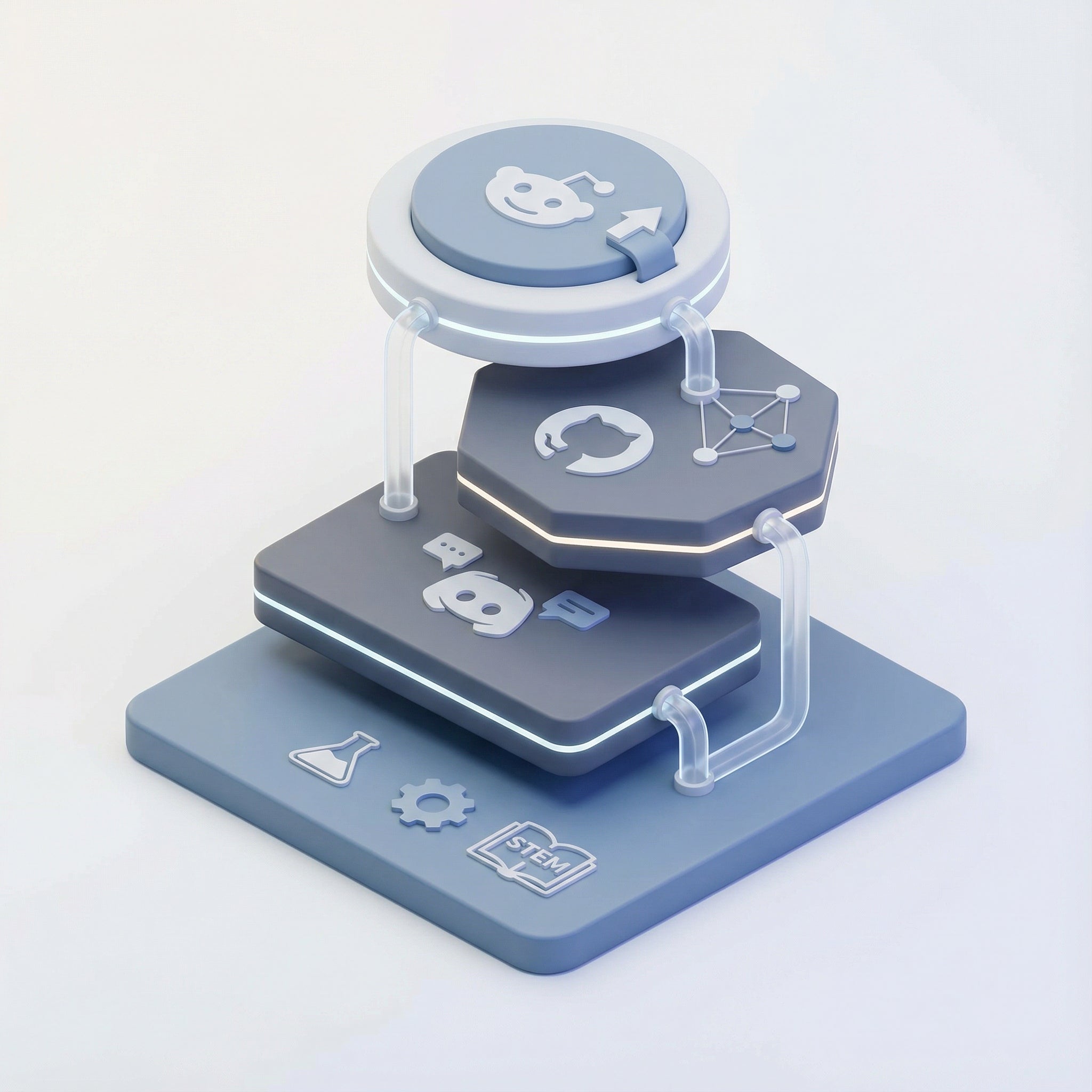 Illustration depicting a multi-layered digital ecosystem for warpix partnerships, showcasing the integration of Reddit, Discord, and GitHub platforms for community engagement, collaborative development, and data flow, culminating in STEM innovation and knowledge sharing.