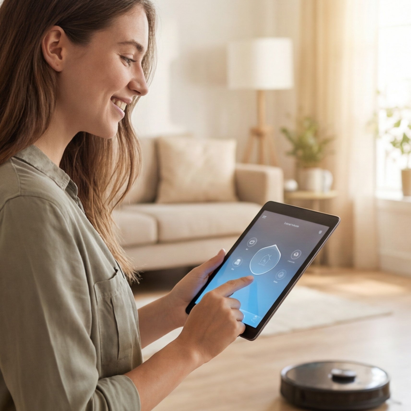 A smiling woman uses a tablet to control a warpix robot vacuum cleaner in a modern living room, demonstrating smart home automation and app-controlled cleaning technology. The tablet displays a user interface for remote management of the intelligent floor cleaner.