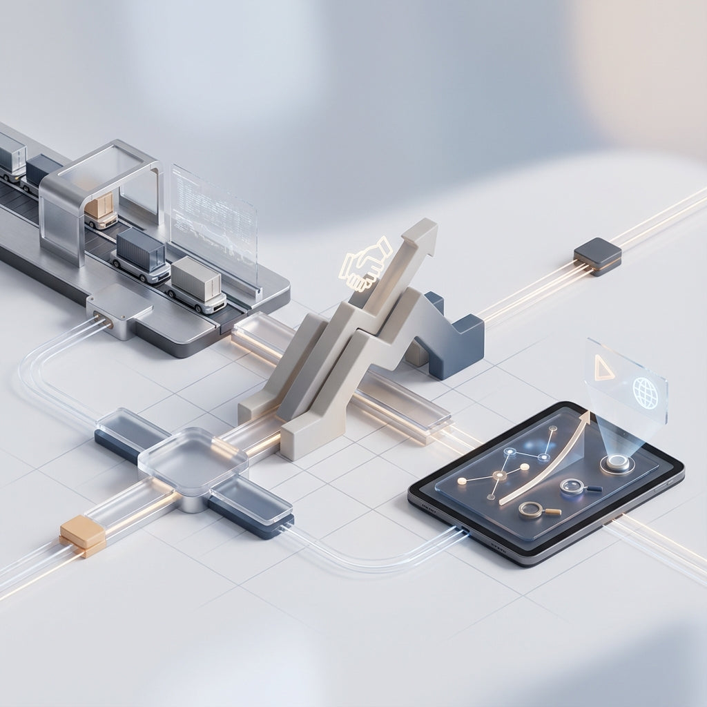 Warpix illustration depicting a modern digital supply chain. It shows miniature trucks on a conveyor system, symbolizing logistics and freight management. A prominent 3D growth graph with an illuminated handshake icon represents strategic supplier and distributor partnerships and B2B collaboration. 