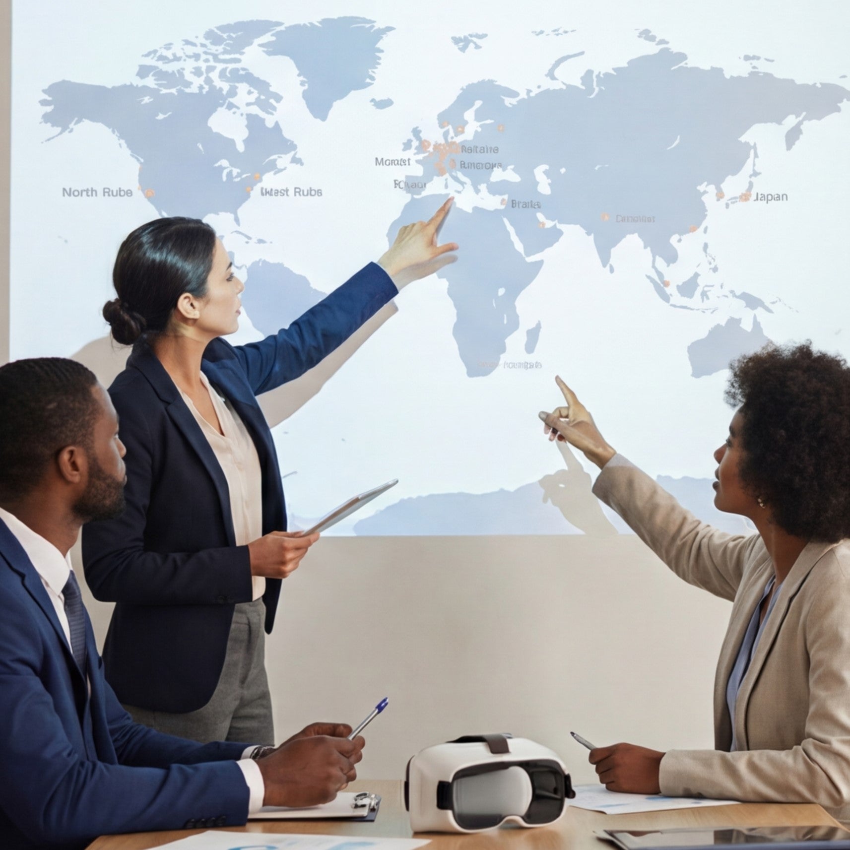 Three business professionals from Warpix, a technology distributor, are in a meeting discussing global expansion strategy. A world map is projected on a screen, with one woman pointing to Europe and another pointing towards Africa. A white virtual reality (VR) headset rests on the table, symbolizing the integration of advanced technology in their strategic planning or product offerings.