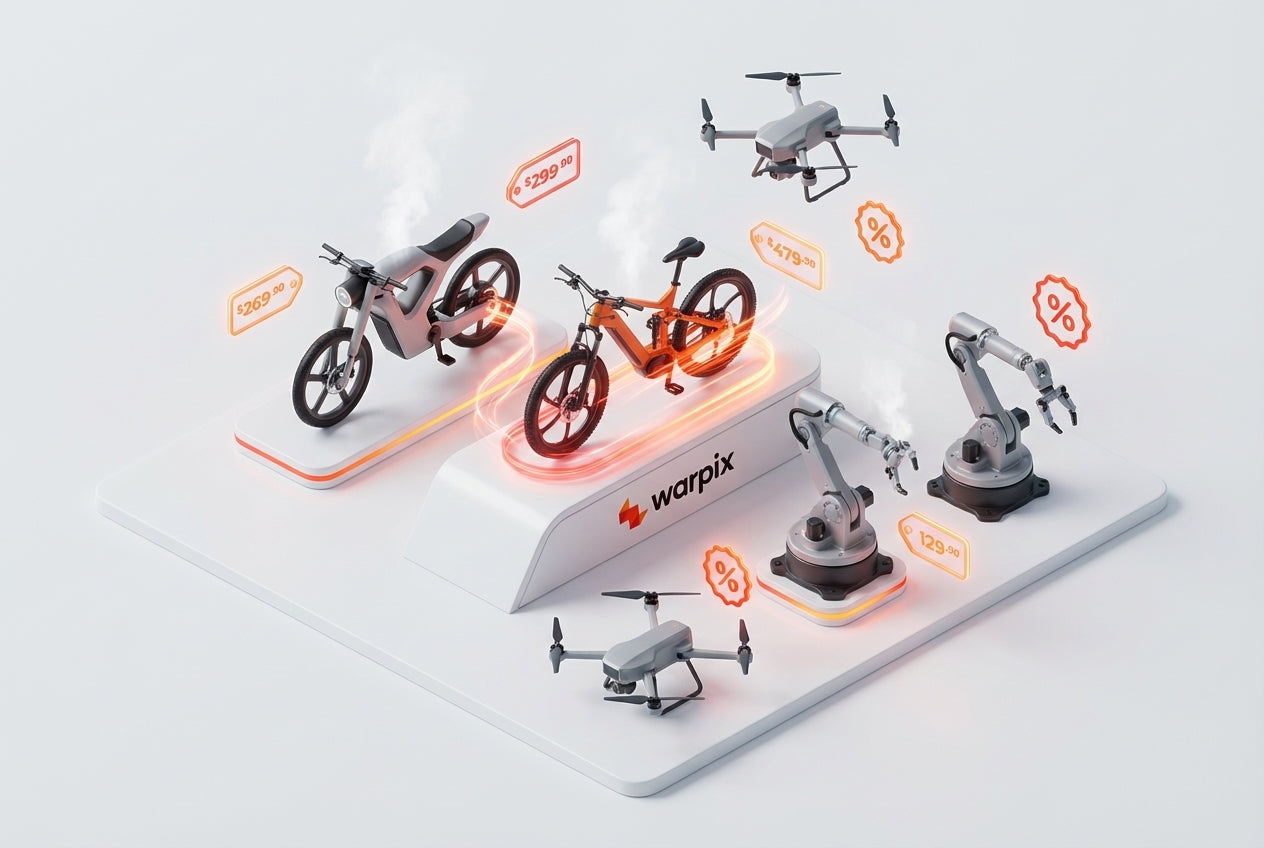 Warpix promotional banner showcasing a range of advanced technology products available for sale, including a white electric motorcycle for urban mobility, an orange electric mountain bike with pedal-assist for commuting and off-road riding, two grey commercial drones for aerial photography and industrial inspection, and two industrial robotic arms for automation and manufacturing, highlighting Warpix's mission to make innovative technology accessible.