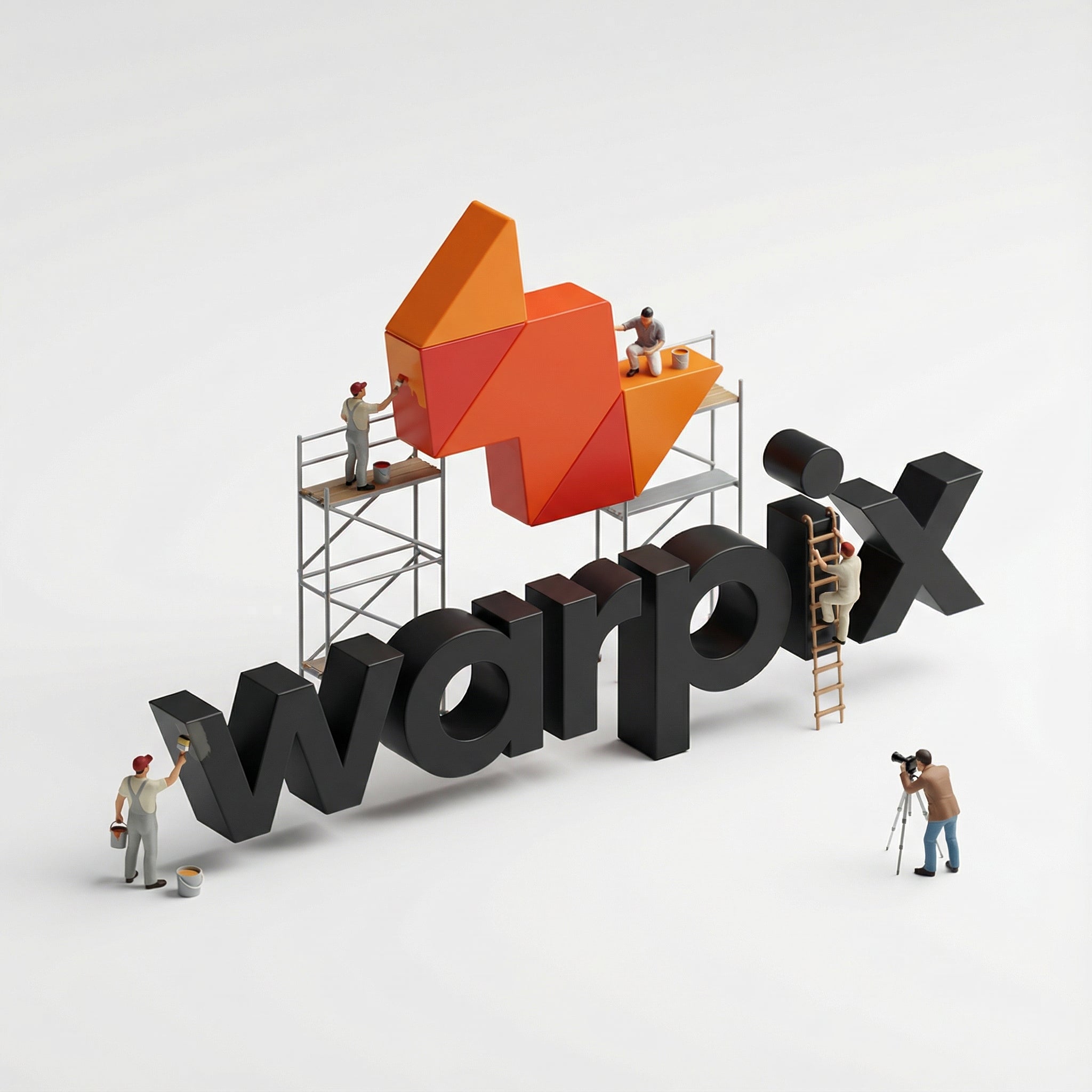 Miniature figures constructing the Warpix logo, which features a large, geometric orange and red '4' shape and the black text 'warpix'. This image symbolizes Warpix's commitment to building strong technology partnerships, fostering innovation, and developing a network of suppliers and distributors to bring cutting-edge robotics, mobility, and consumer tech to a wider audience.