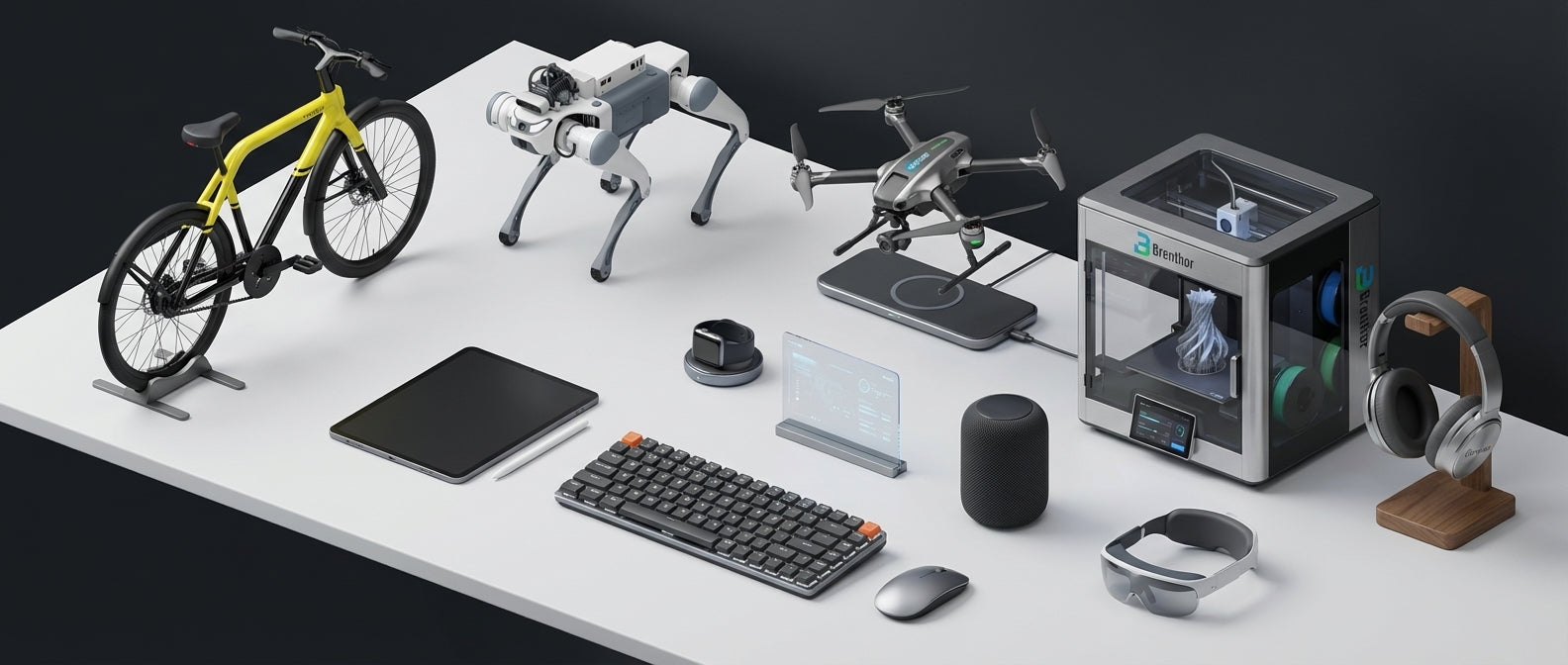 An illustration showcasing a diverse collection of technology products distributed by warpix, including a yellow electric commuter bike, a quadruped robot for industrial inspection and monitoring, a camera drone for aerial photography and videography, a Brenthor desktop 3D printer for rapid prototyping, a tablet with stylus, a smartwatch with health and fitness tracking, a wireless mechanical keyboard, a computer mouse, a transparent augmented reality display.