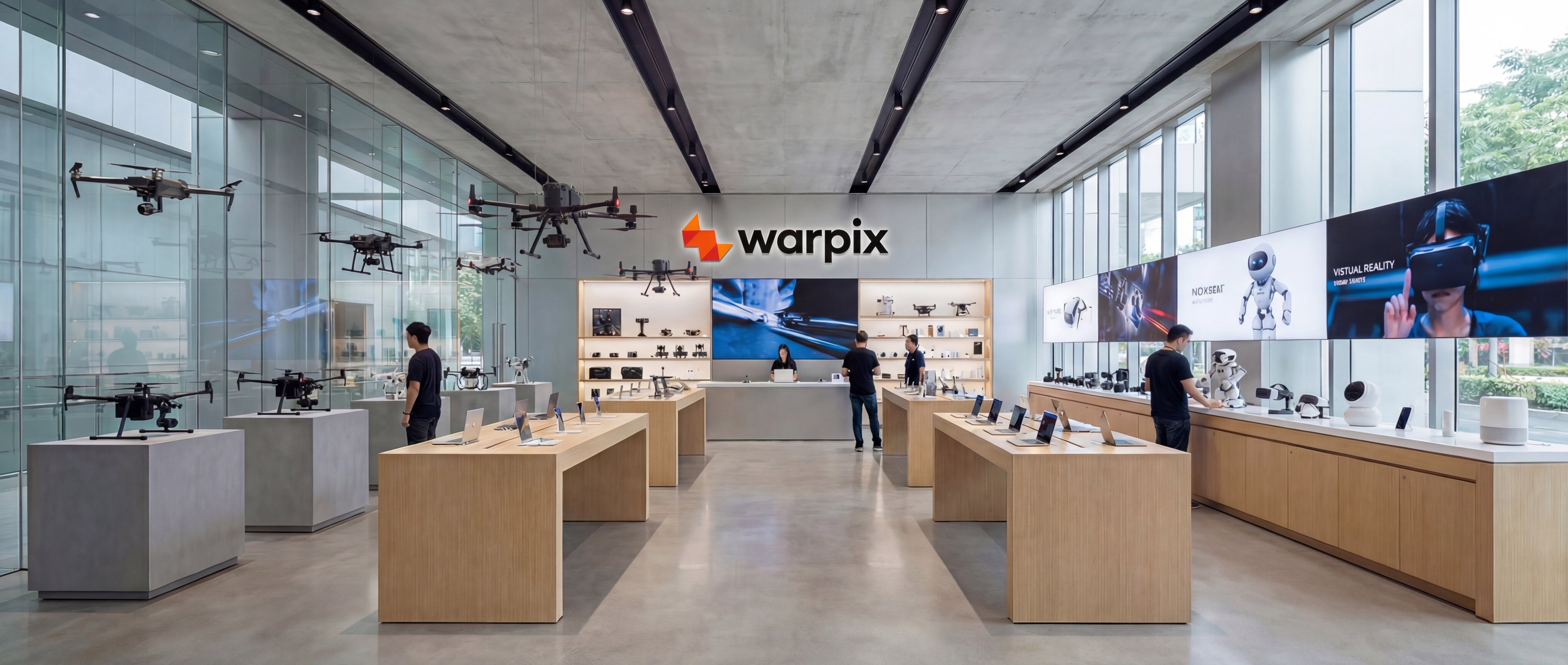Interior view of a modern Warpix technology store showcasing a diverse range of advanced products. Hanging from the ceiling and displayed on pedestals are various commercial and industrial drones, suitable for applications like inspection, surveying, and logistics. On the right, a display features a virtual reality (VR) headset, alongside a small humanoid robot and smart home devices like speakers and cameras.