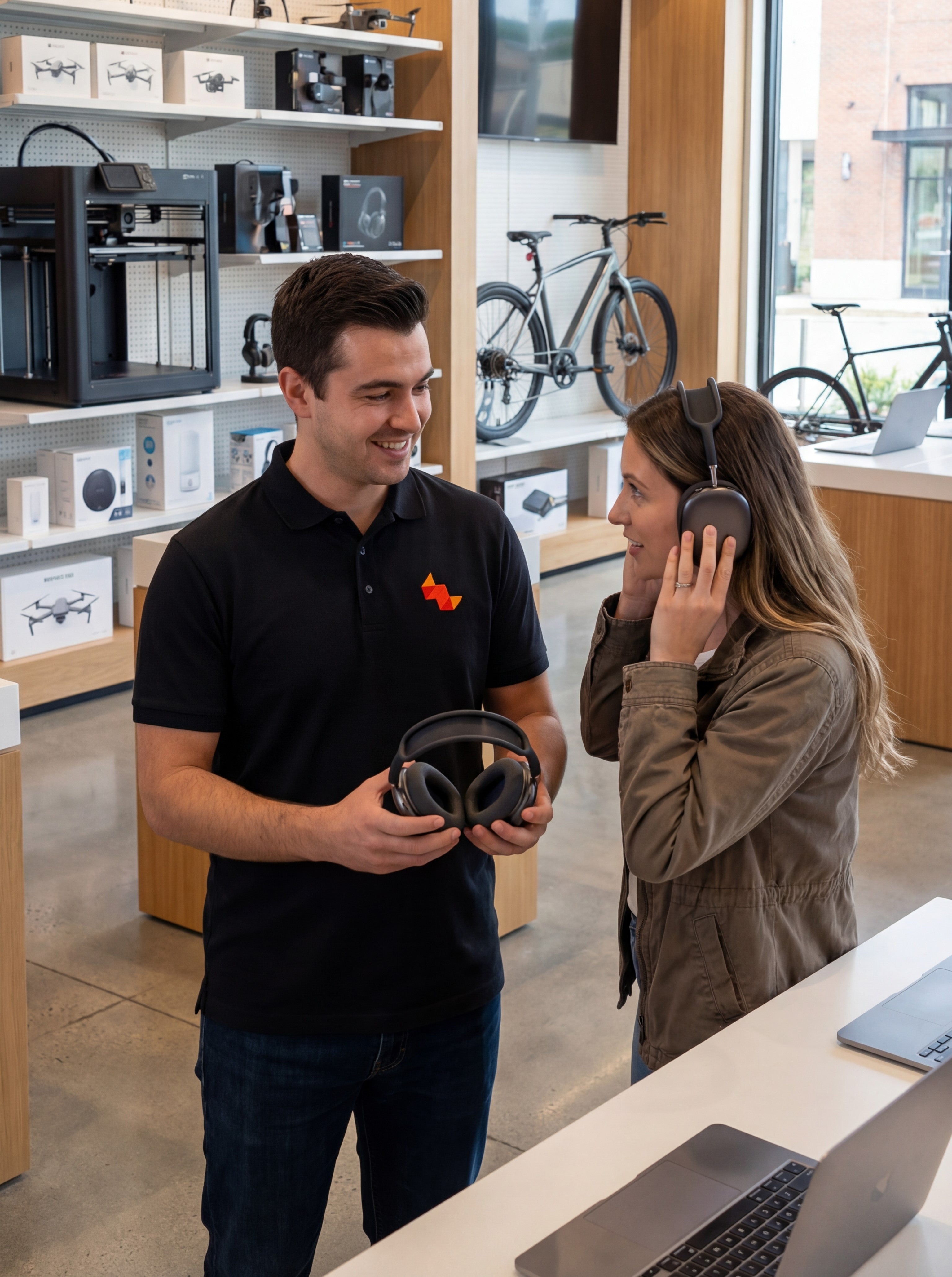 A Warpix sales associate, wearing a black polo shirt with the orange 'w' logo, demonstrates wireless over-ear headphones to a female customer in a modern tech store. The customer is wearing a pair of similar headphones, experiencing their features like superior sound quality and comfort. The background shows shelves with various technology products, including drones and a 3D printer, emphasizing a hands-on product experience in an electronics retail environment.